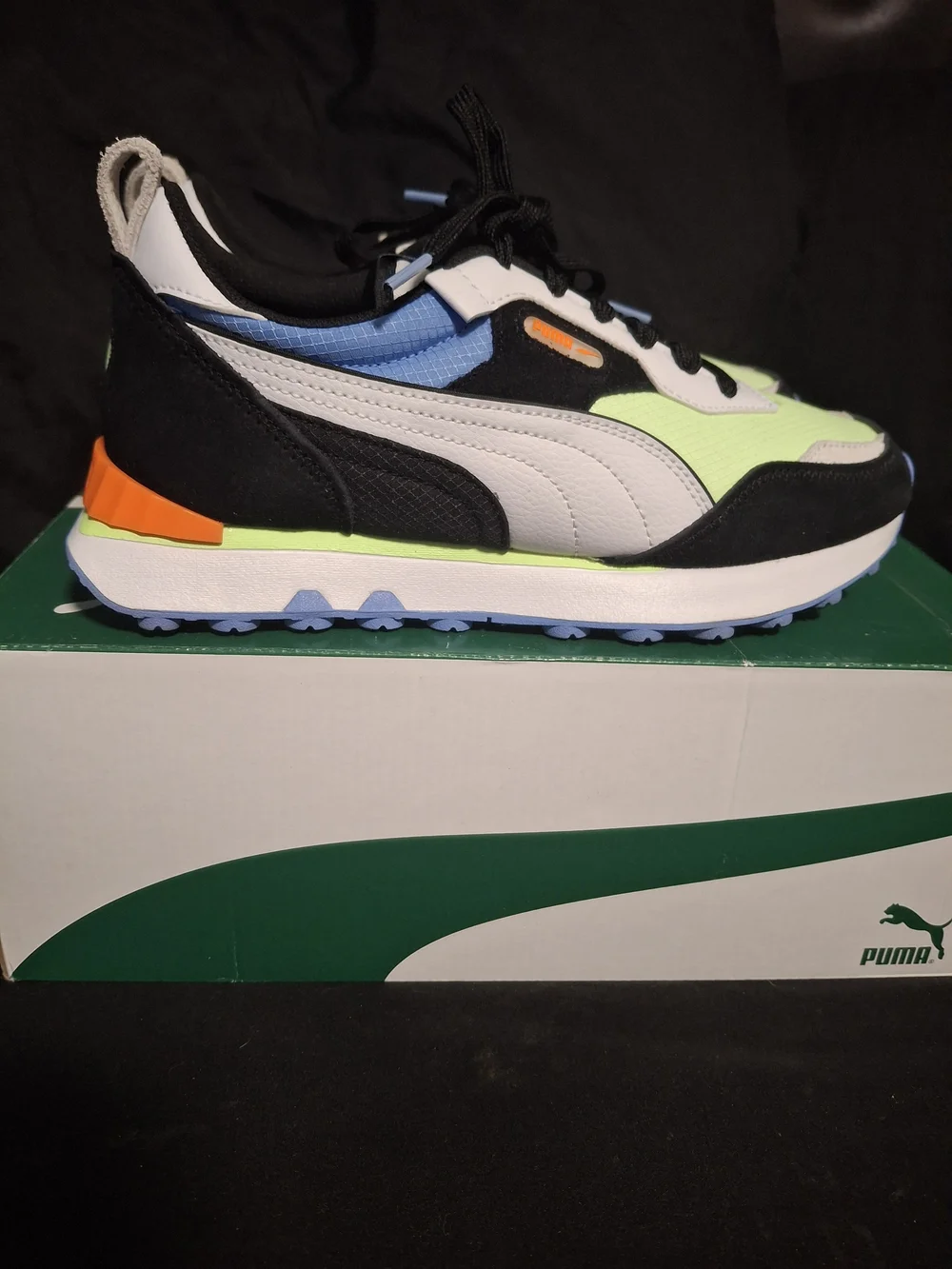 Puma Big Kids Chunky Trainer White Black Lime Green with Blue and Orange Accents